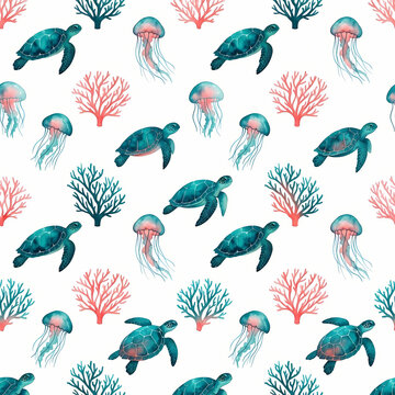 Minimalist swimming sea turtles jellyfish and corals on white seamless pattern background