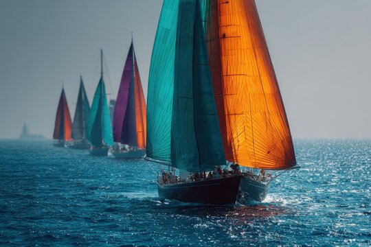 Colorful sailboats with vibrant sails navigate through clear blue waters under a bright sky, creating a picturesque scene of maritime activity and adventure