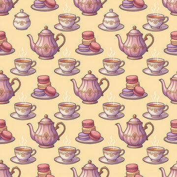 Lavish afternoon tea party spread of teapots and macarons on warm buttercream seamless pattern background