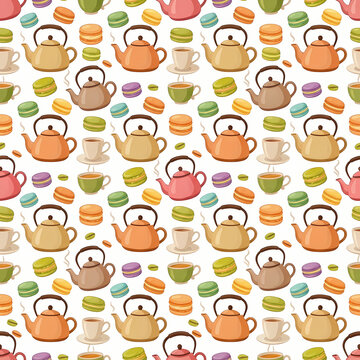 Dense sweet high tea pattern packed with teapots and macarons on white seamless pattern background