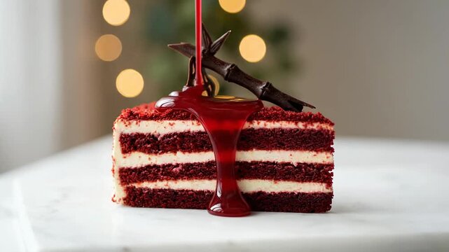 Red syrup dripping over a slice of velvet cake with cream filling