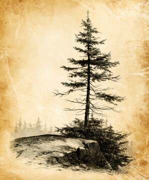 Vintage Botanical Engraving of a Solitary Scots Pine &ndash; AI Generative