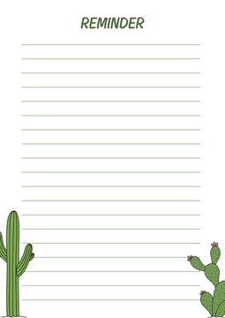 Botanical cactus lined reminder notebook page inspiring mindful daily organization with minimalist hand drawn vector illustrations for A4 printable personal organizer templates