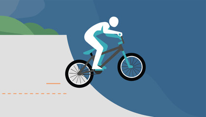 Fototapeta premium Energetic vector illustration of a bmx rider performing a jump trick off a ramp against a dark blue background.