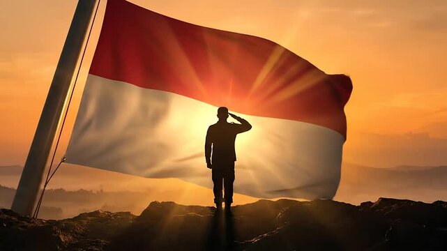Silhouette of a soldier saluting the Indonesian flag during sunrise