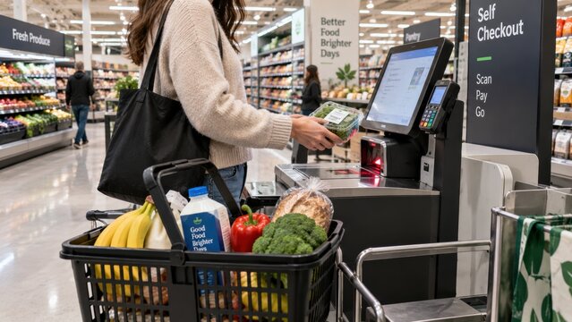 Woman scanning fresh produce at a supermarket self checkout kiosk