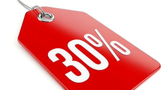 Vibrant red sale tag displaying thirty percent discount prominently