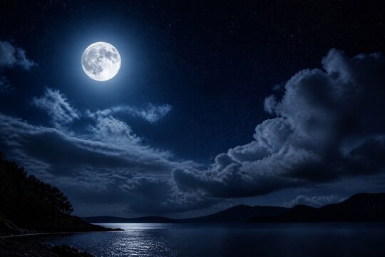 Full moon illuminating calm sea over coastal nightscape