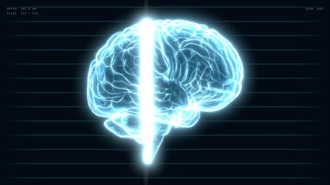 Animated x-ray human brain with scanning light line sweeping across, glowing blue 3D medical render for neurology, MRI diagnostics and AI research