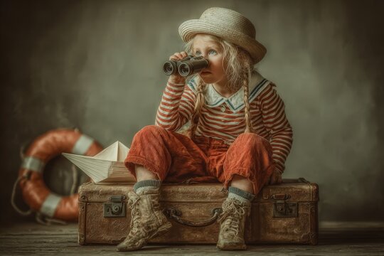 Young girl wearing a straw hat and striped shirt sits on a vintage suitcase, holding binoculars, with a paper boat and lifebuoy in the background