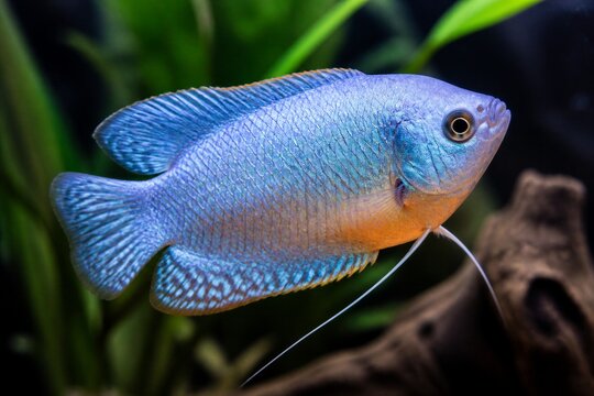 Blue gourami fish swimming in planted freshwater aquarium tank