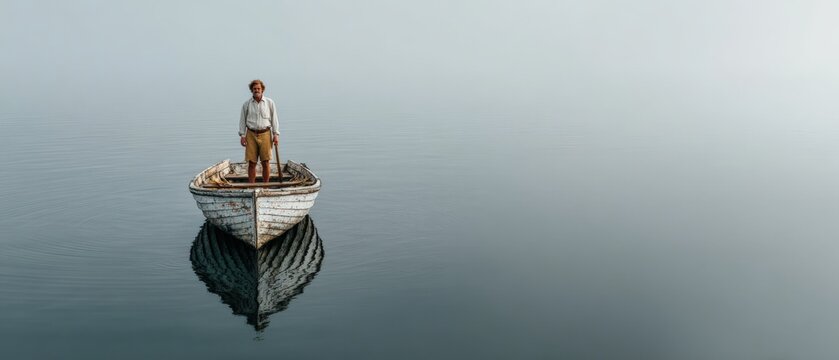 Man standing on a small wooden boat in calm water, surrounded by fog, with reflections visible on the surface, creating a serene and tranquil atmosphere