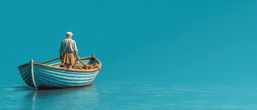 Man in traditional clothing stands in a small blue wooden boat on calm turquoise water, with a clear sky and serene atmosphere surrounding him