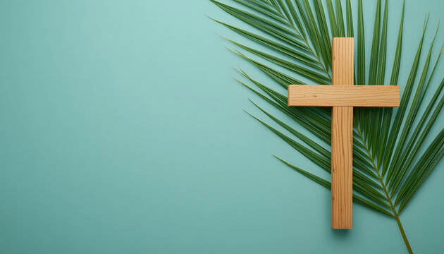 Simple wooden cross with green palm leaves on calm blue background