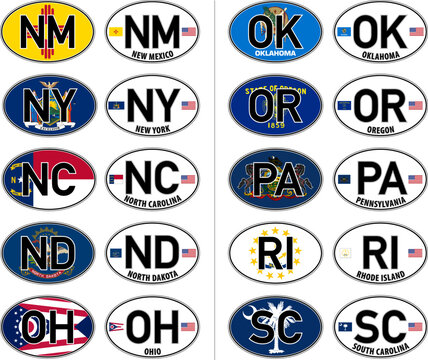 USA, oval international vehicle registration code license plate car sticker, New Mexico to South Carolina, vector illustration