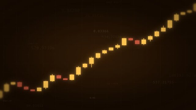 Animated gold candlestick chart rising with blurred price figures on dark background, bullish crypto and stock market trading uptrend financial loop