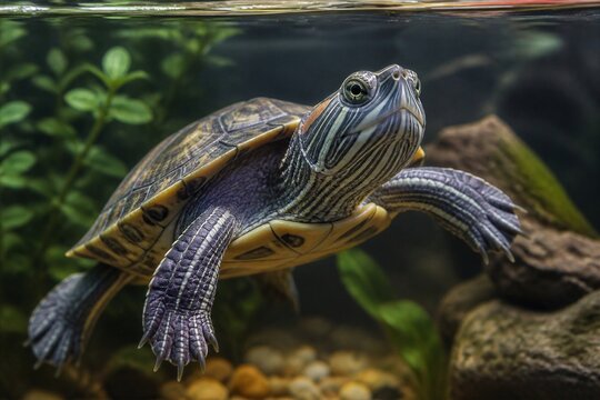 Painted turtle swimming near aquarium glass in freshwater tank