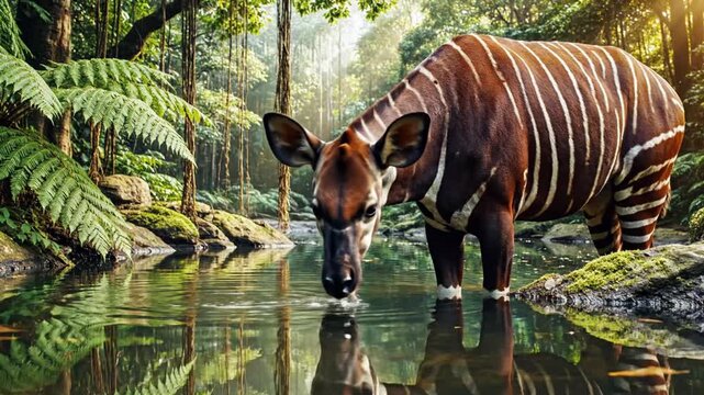 Okapi drinking from a river in a lush jungle