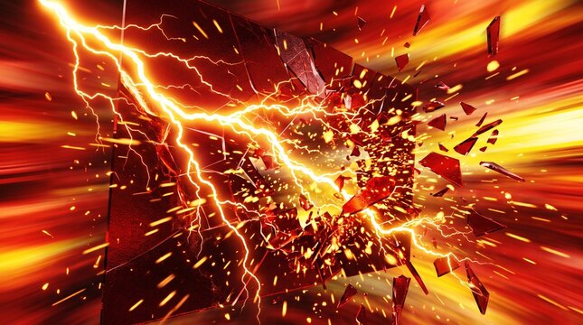 Abstract digital art of a powerful golden lightning bolt striking through a red cosmic energy explosion