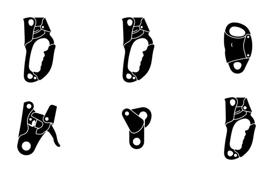 Black climbing ascenders and descenders icons, carabiner set, safety