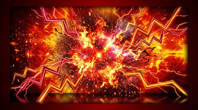 Abstract digital art featuring explosive red and yellow energy bursts with sharp jagged electric lightning bolts