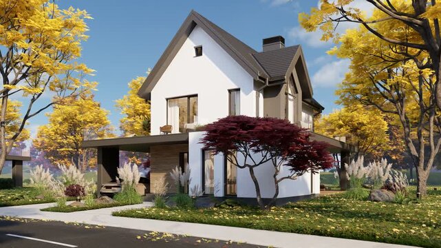 4K pan of a modern suburban house exterior in autumn. Features a white facade, warm wood accents, and an open carport, surrounded by vibrant yellow fall trees and a bright blue sky.