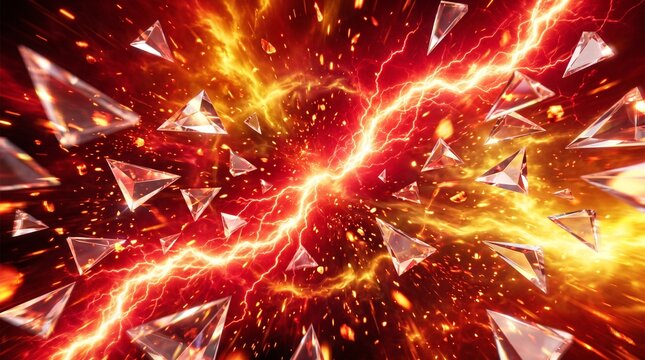 Abstract digital art featuring a glowing red lightning bolt striking through floating crystalline shards and fire