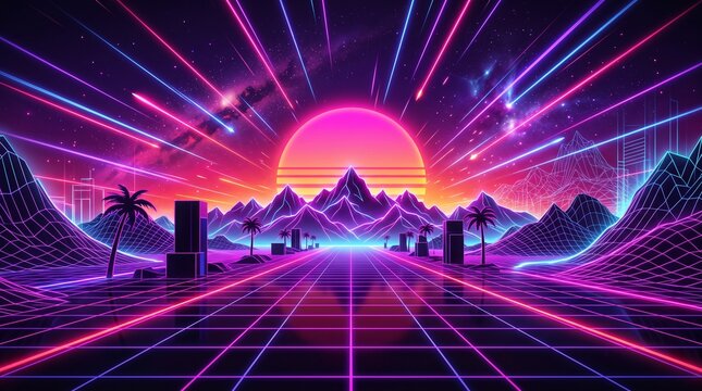 Futuristic synthwave landscape with a glowing neon sun and digital grid under a starry cosmic sky