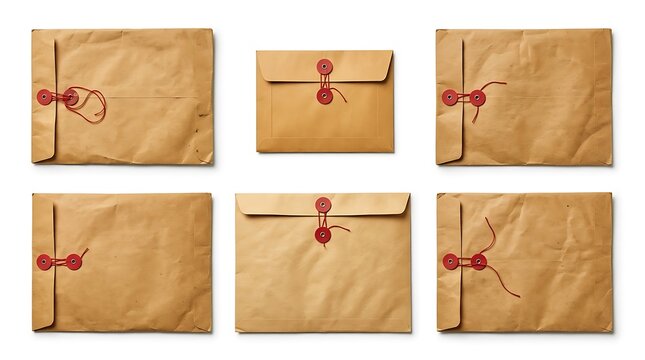 Collection of Vintage Brown Kraft Envelopes with Red String and Button Closure Isolated on White Background