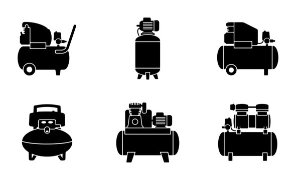 Black air compressor icons, industrial workshop equipment, graphic