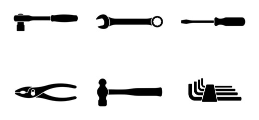 Fototapeta premium Black tools icons, wrench, hammer, pliers, screwdriver, hex keys