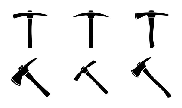 Black pickaxe and axe icons, construction and tools