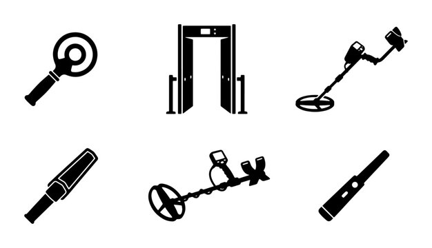 Black metal detector icons, security gate and equipment, icon set