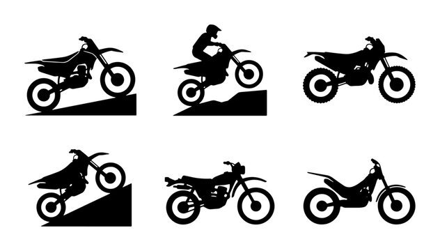 Black motocross motorbike silhouettes on white, action sports and