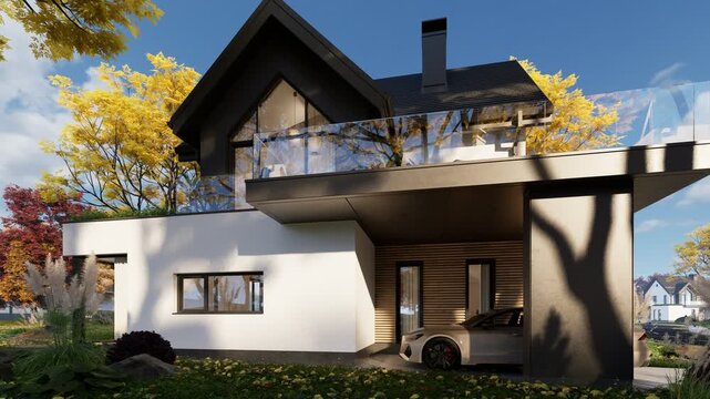 4K pan of a modern suburban house exterior in autumn. Features a white facade, warm wood accents, and an open carport, surrounded by vibrant yellow fall trees and a bright blue sky.
