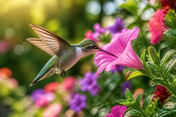Fototapeta premium Hummingbird feeding on pink flower in colorful garden scene