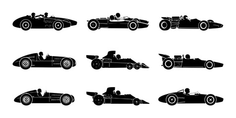 Obraz premium Black vintage racing cars silhouettes, classic motorsport and sport