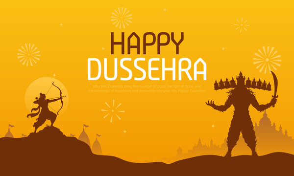 Happy Dussehra Festival Of India Poster Design. Lord Rama Killing Ravana. Creative Vector Illustration.