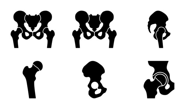 Black hip bone icons, pelvic anatomy graphics, medical science design