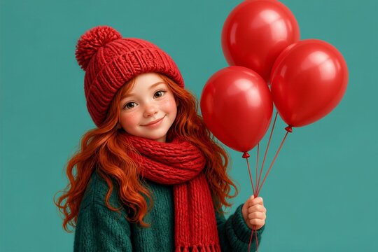 Red haired girl holding red balloons in teal studio portrait