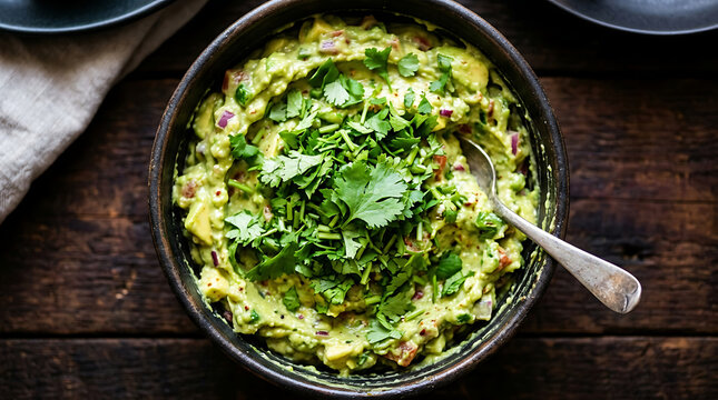 A bowl of fresh chunky guacamole topped with cilantro served on a rustic dark wooden table