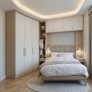Compact studio layout with a space-saving Murphy bed setup, hidden storage wall, light neutral color palette