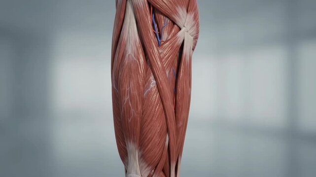Detailed anatomical illustration of human leg muscles and veins, showcasing the complex muscular structure of the thigh and calf.