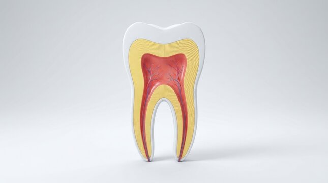 Human tooth cross section model showing enamel dentin and pulp with blood vessels for dental education usage.
