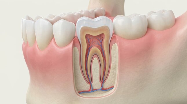 Cross section anatomical model of human tooth shows enamel dentin pulp and root structure in healthy gums.