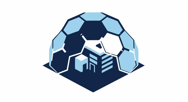 A 2D flat isometric representation of a small office building protected by a large geometric dome made of interlocking hexagons. Solid blocks of color: navy, light blue, and white. Clean lines