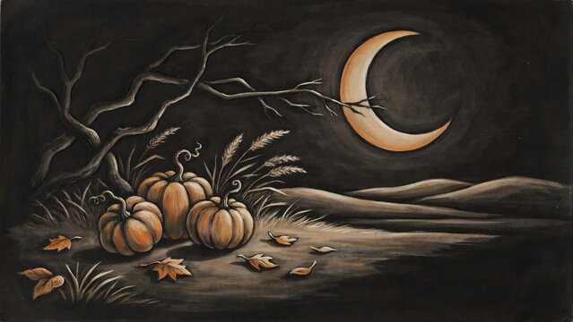 Dark autumn night landscape with three pumpkins under a bare tree and a glowing crescent moon in the sky for halloween and fall themes.
