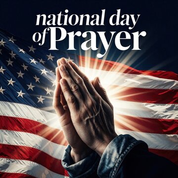 Hands clasped in prayer in front of an American flag with bright rays of light. National day of prayer illustration concept for faith and patriotism. Religious hope for USA.