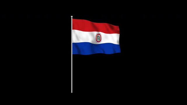 Animation of the Paraguay flag fluttering on a flagpole against a transparent background in 4K