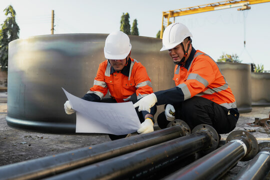 Engineers in hardhats inspect blueprint near steel pipes at outdoor factory yard. Concept of pipeline construction, infrastructure development and engineering teamwork.
